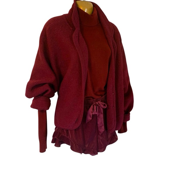 Maroon burgundy 100% wool crop cardigan sweater jacket collar lapel 3 buttons M - Picture 1 of 7
